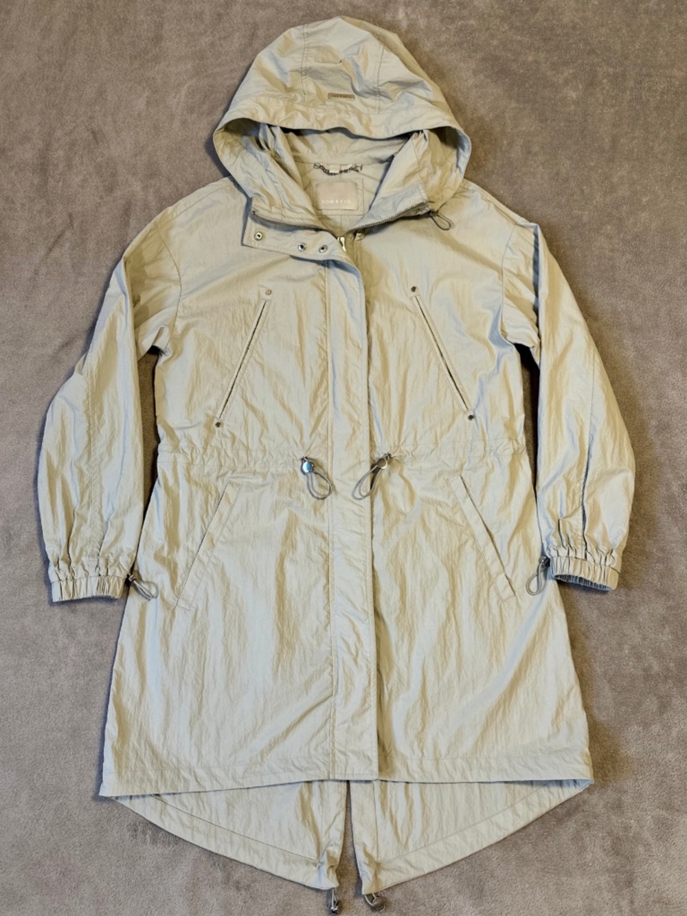 SOIA & KYO Lightweight Rain Jacket - Small - Shell Tan Beige Cinch Waist Hooded